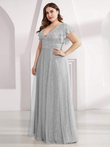 Plus Size Cap Sleeve Floral Lace Long Formal Dresses