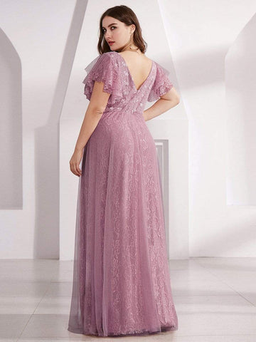 Plus Size Cap Sleeve Floral Lace Long Formal Dresses