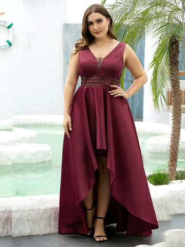 Plus Size Double V-Neck Sleeveless High Low Cocktail Formal Dresses