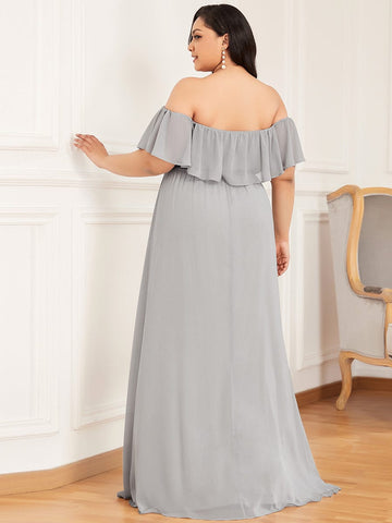 Ruffle Off-Shoulder Side Slit Long Chiffon Bridesmaid Dress