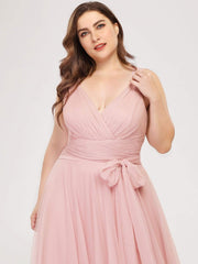 Plus Size Double V Neck Maxi Tulle Bridesmaid Dress