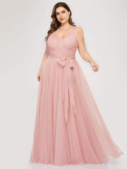 Plus Size Double V Neck Maxi Tulle Bridesmaid Dress