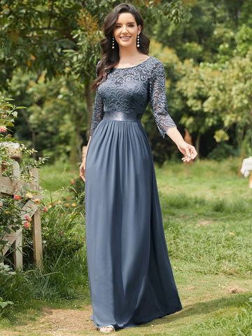See-Through Floor Length Lace Chiffon Evening Dress with Half Sleeve