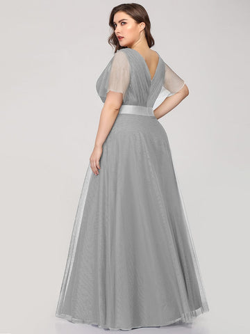 V-Neck Floor-Length Short Sleeve Tulle Bridesmaid Dresses