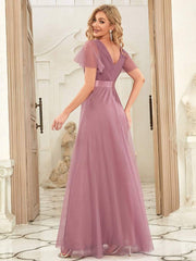 V-Neck Floor-Length Short Sleeve Tulle Bridesmaid Dresses