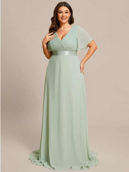 Plus Size Empire Waist V Back Bridesmaid Dress with Short Sleeves –  Curvepretty