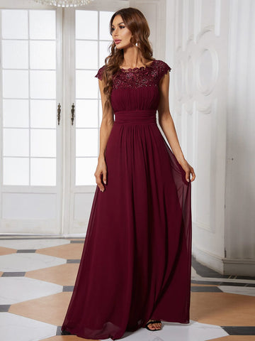 Maxi Lace Cap Sleeve Long Formal Evening Dress