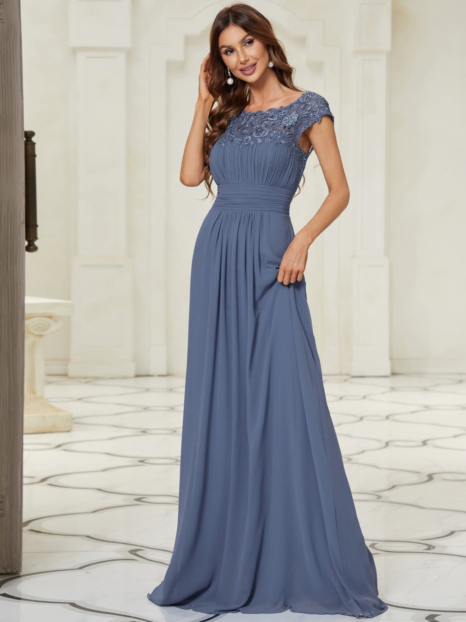 Maxi Lace Cap Sleeve Long Formal Evening Dress