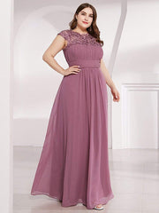 Plus Size Elegant Maxi Long Lace Cap Sleeve Bridesmaid Dress