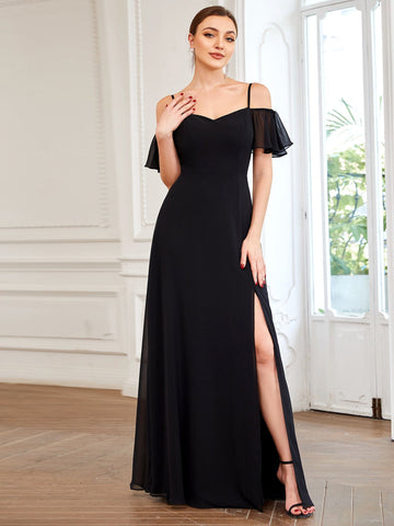 Chiffon Off-The-Shoulder Side Slit Bridesmaid Dress with sleeves