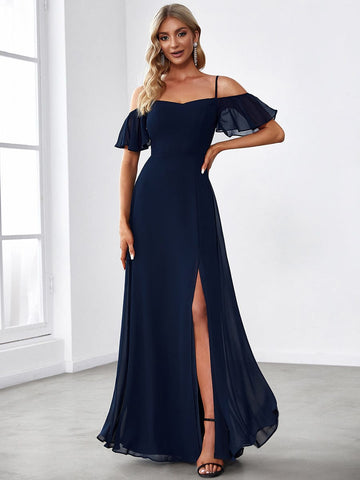 Chiffon Off-The-Shoulder Side Slit Bridesmaid Dress with sleeves