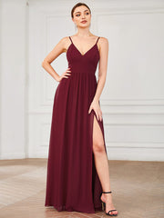 Chiffon Plunging V-Neck Spaghetti Strap Ruched A-Line Front Slit Bridesmaid Dress