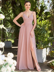 Chiffon Plunging V-Neck Spaghetti Strap Ruched A-Line Front Slit Bridesmaid Dress