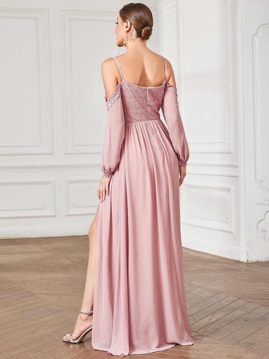 Lace Cold Shoulder Long Sleeve Chiffon Front Slit Bridesmaid Dress