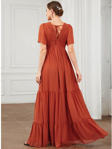 Chiffon Short Sleeve V-Neck Vintage Prairie Floor-Length Bridesmaid Dress