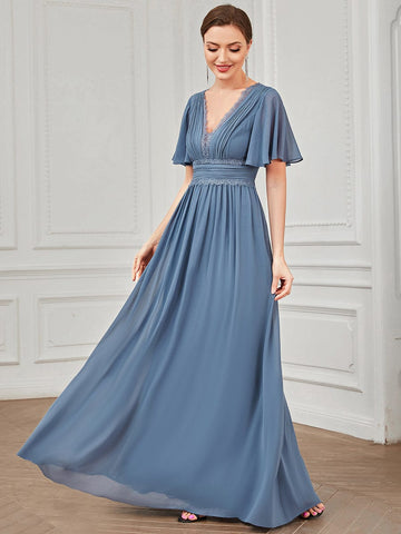 Lace A-Line Short Sleeve Chiffon Bridesmaid Dress