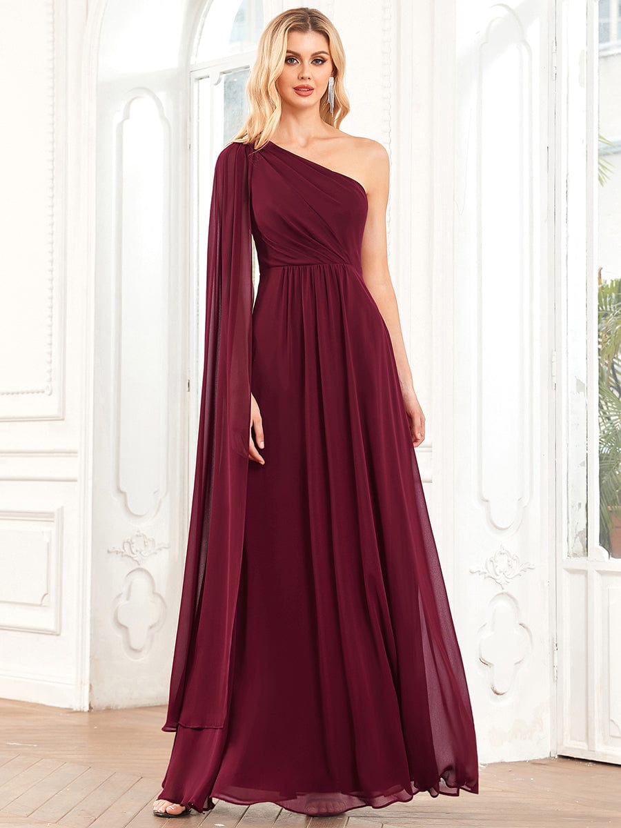 Asymmetrical Sleeve A-Line Pleated Chiffon Bridesmaid Dress