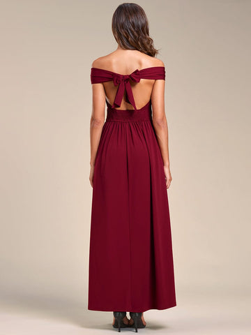 Convertible Halter A-Line Elastic Waist Tea Length Backless Bridesmaid Dress