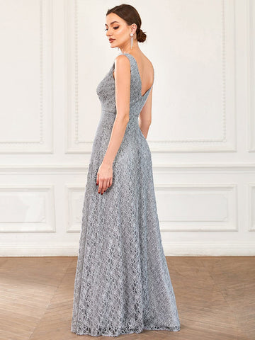 Double V-neck Sleeveless Chiffon Lace Front Slit Bridesmaid Dress