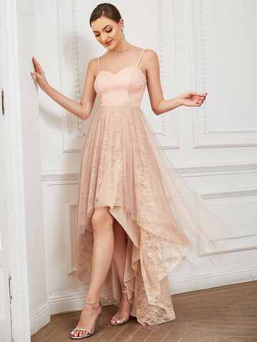 Lace Spaghetti Strap Tulle A-Line High Low Bridesmaid Dress
