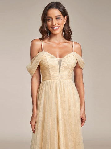 Cold Shoulder Spaghetti Strap Pleated Sequin Tulle Bridesmaid Dress