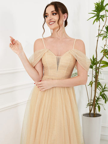 Cold Shoulder Spaghetti Strap Pleated Sequin Tulle Bridesmaid Dress