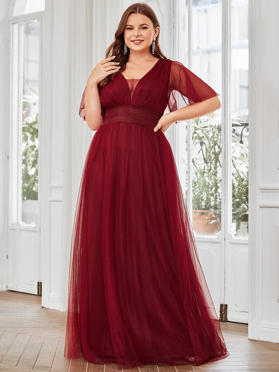 Plus Size Pleated A-Line Short Sleeve Double V-Neck Tulle Bridesmaid Dress