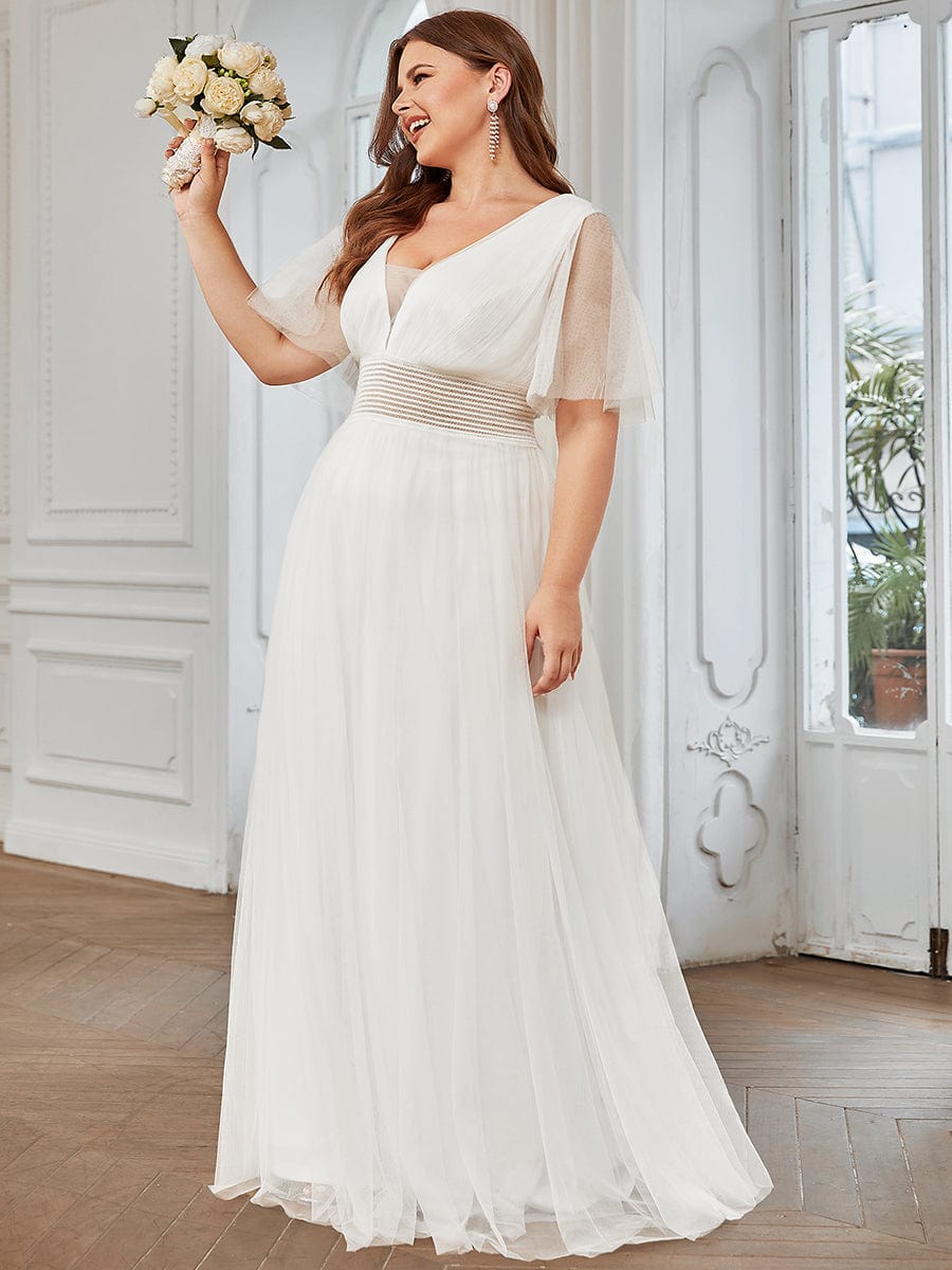 Plus Size Pleated A-Line Short Sleeve Double V-Neck Tulle Bridesmaid Dress