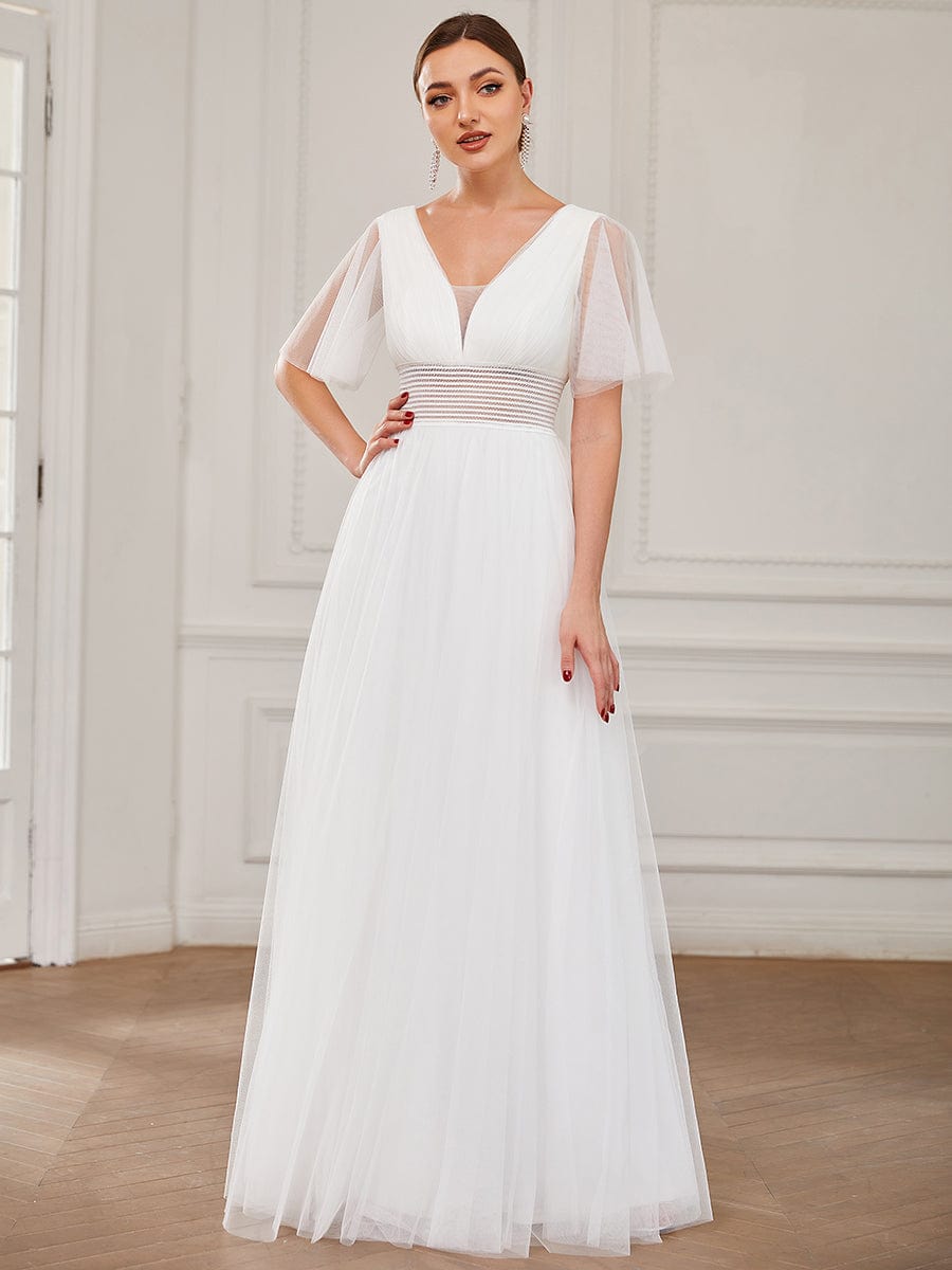Pleated A-Line Short Sleeve Wide Waist Tulle Bridesmaid Dress