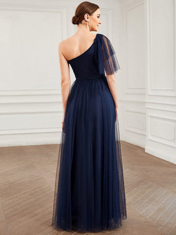 Tulle Asymmetrical One Shoulder A-Line Bridesmaid Dress