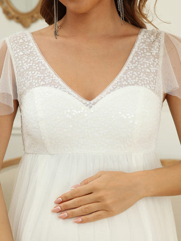 Sequin Sweetheart Sheer Flutter Sleeve Tulle Empire Waist Bump Friendly Dress