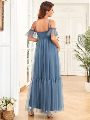 Tulle Draped Cold Shoulder Tiered Pleated Maternity Dress