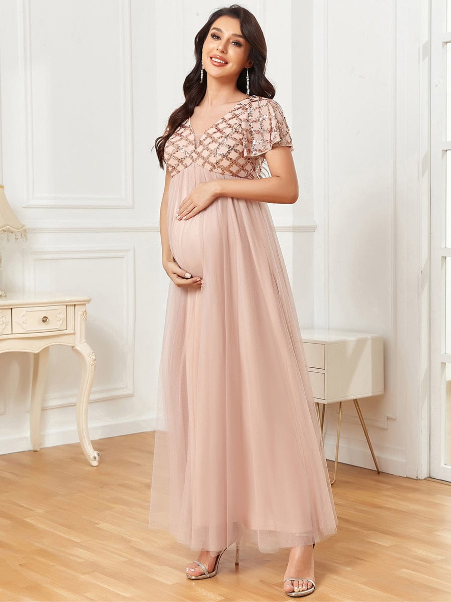 Sequin Short Sleeve Empire Waist Pleated Tulle Maternity Dress