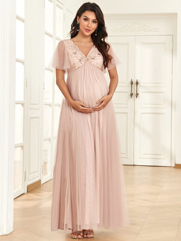 Short Sleeve V-Neck Sequin Tulle A-Line Maternity Dress