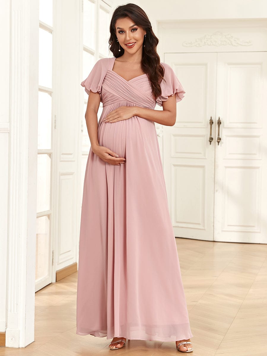Chiffon Pleated V-Neck Tie-Back A-Line Maternity Dress