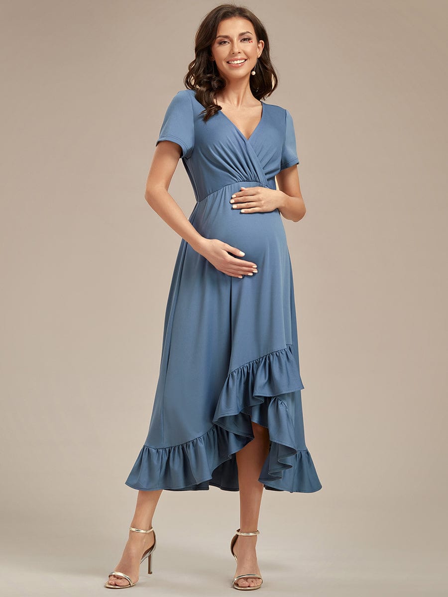 Ruffles High Low Hemline V-Neck High Stretch Maternity Dress
