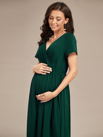 Comfortable Pleated V-Neck Short Sleeve Maternity Dress