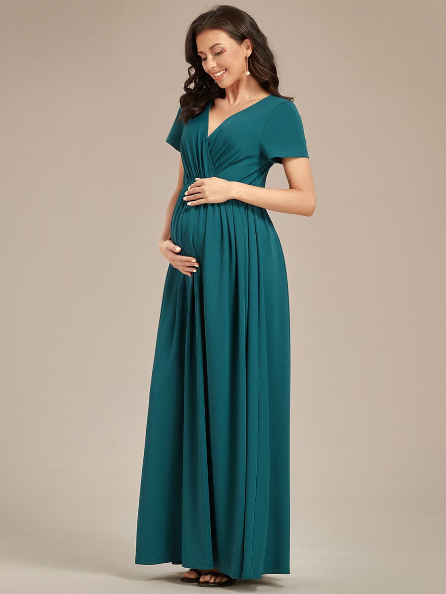 Comfortable Pleated V-Neck Short Sleeve Maternity Dress