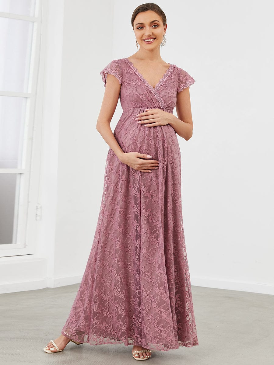 V-Neck Vintage Lace Short Sleeve Maxi Maternity Dress