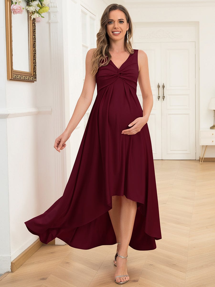 Sleeveless Pleated V-Neck High Low Maternity Dress