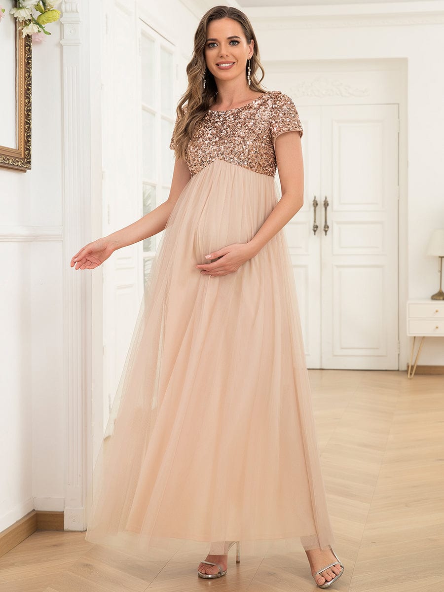 Short Sleeve  Sequin Top Empire Waist Tulle Maternity Dress