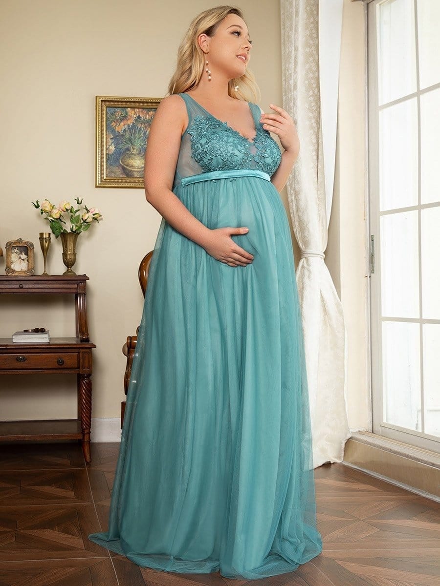 Plus Size Double V-Neck Lace Bodice Long Flowy Maternity Dress