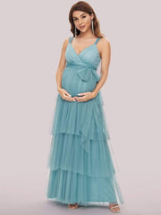 Tie Waist V-Neck Tiered Floor-length Maternity Dress