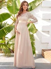 Sweetheart 3/4 Sleeve Floor-Length Lace Bump Friendly Dress