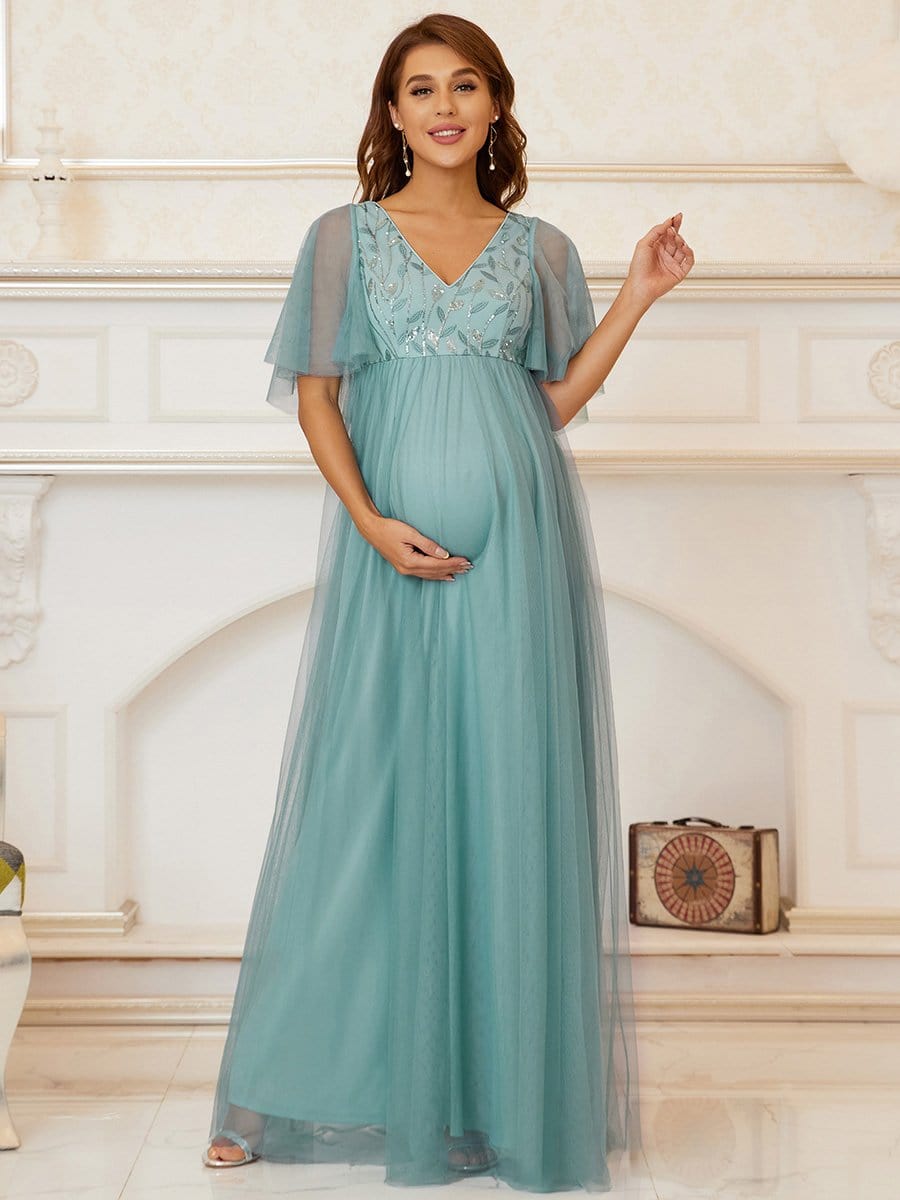 Flutter Sleeve Deep V-Neck Sequin Maternity Dress