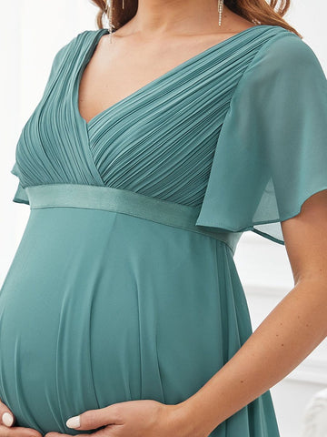 Asymmetrical Hem V-neck Chiffon Flutter Sleeve Maternity Dress