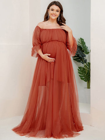 Plus Size Off-Shoulder Tulle Double Skirt Maxi Maternity Dress