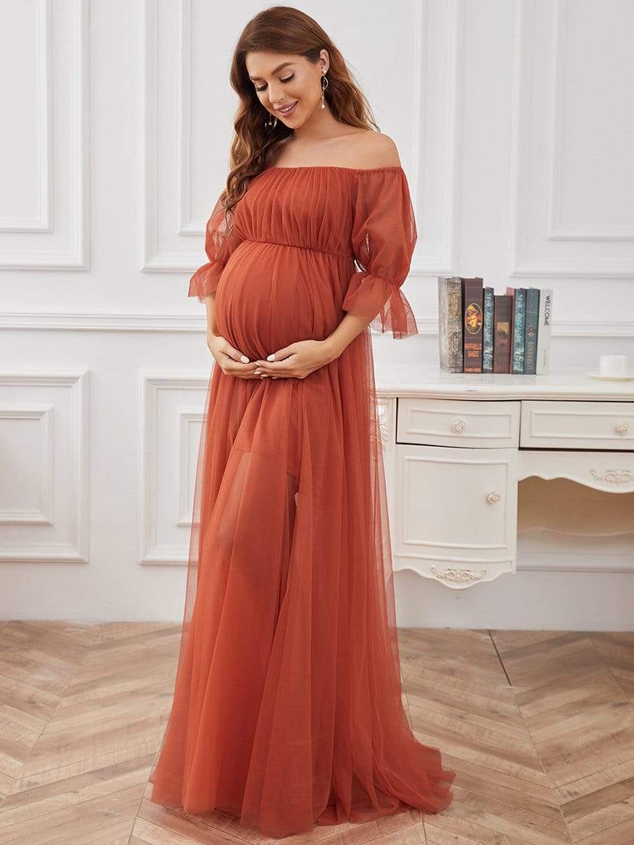 Sheer Off-Shoulder Double Skirt Maxi Maternity Dress