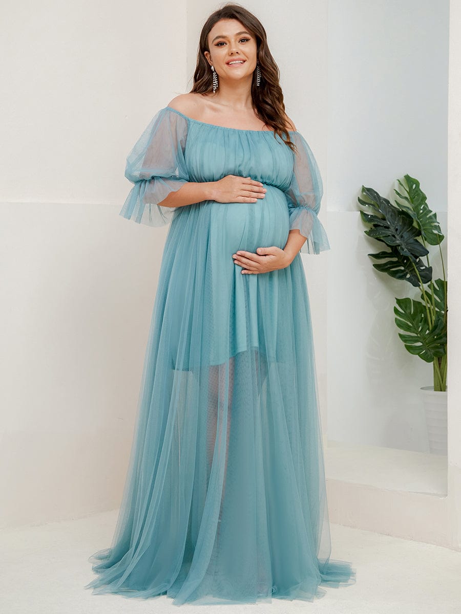 Plus Size Off-Shoulder Tulle Double Skirt Maxi Maternity Dress