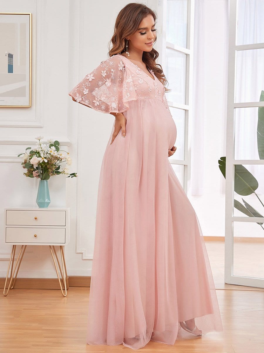 Flutter Sleeve Floor-Length Embroidery Maternity Dress